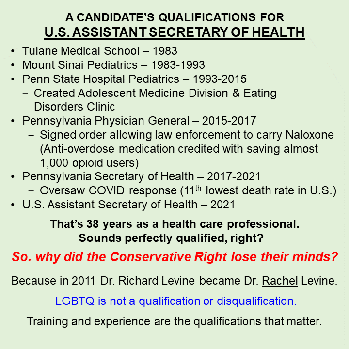 Training and experience are qualifications that matter for US Assistant Secretary of Health, not gender identification.