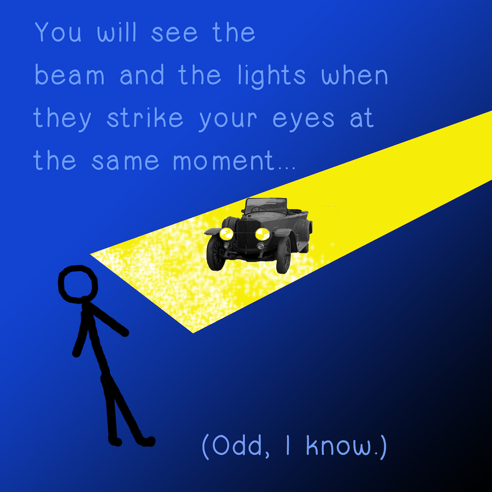 You will see the beam of light and headlights at the same time.