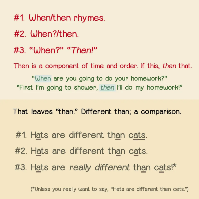 When and then rhyme; Than is a comparison.